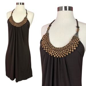 BCX Boho Beaded Halter Neck Dress Brown Earthy Y2K Low Back Medium M